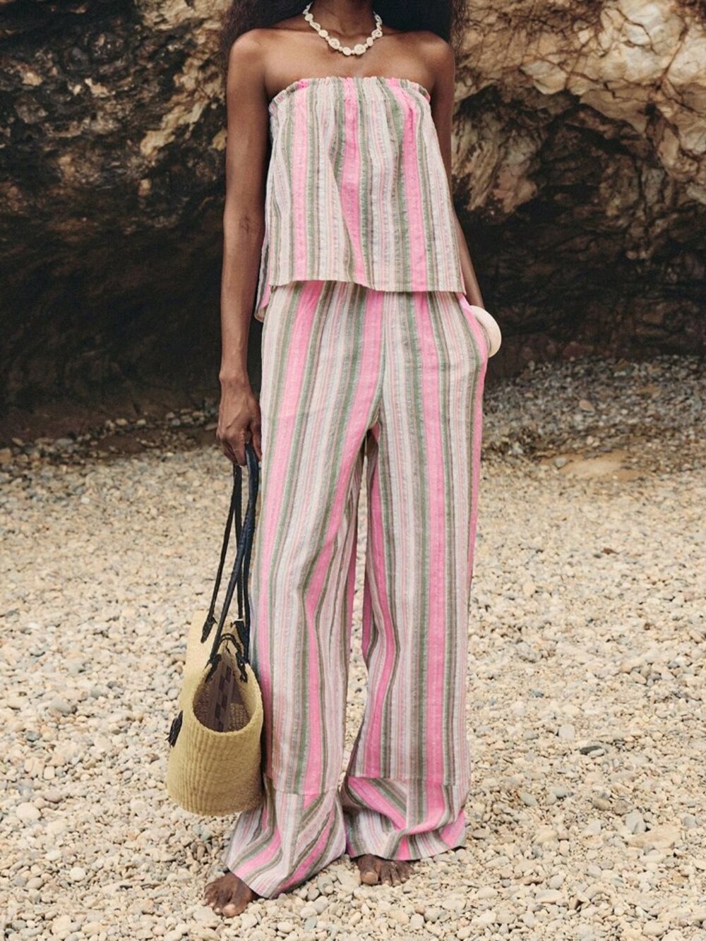 Dusty Pink Boho Women's Striped Two-Piece Set with Pocket Shorts and Top - Picture 6 of 6